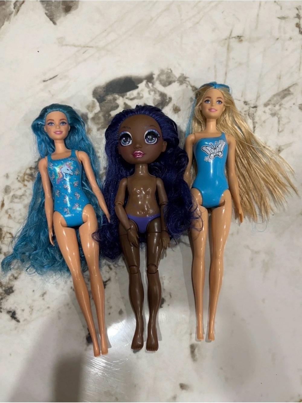 Barbie Dolls Trio in Blue Swimsuits with Blue & Blonde Hair